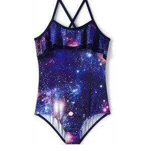 LANDS END galaxy print criss‎ cross strap ruffle one piece swimsuit 16